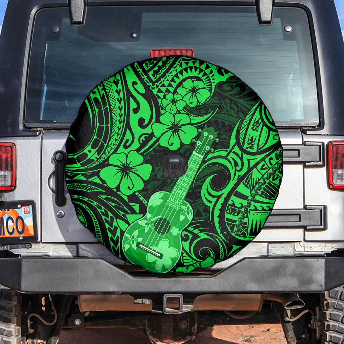 Hawaii Ukulele Spare Tire Cover Polynesian Pattern Green Version - Wonder Print Shop