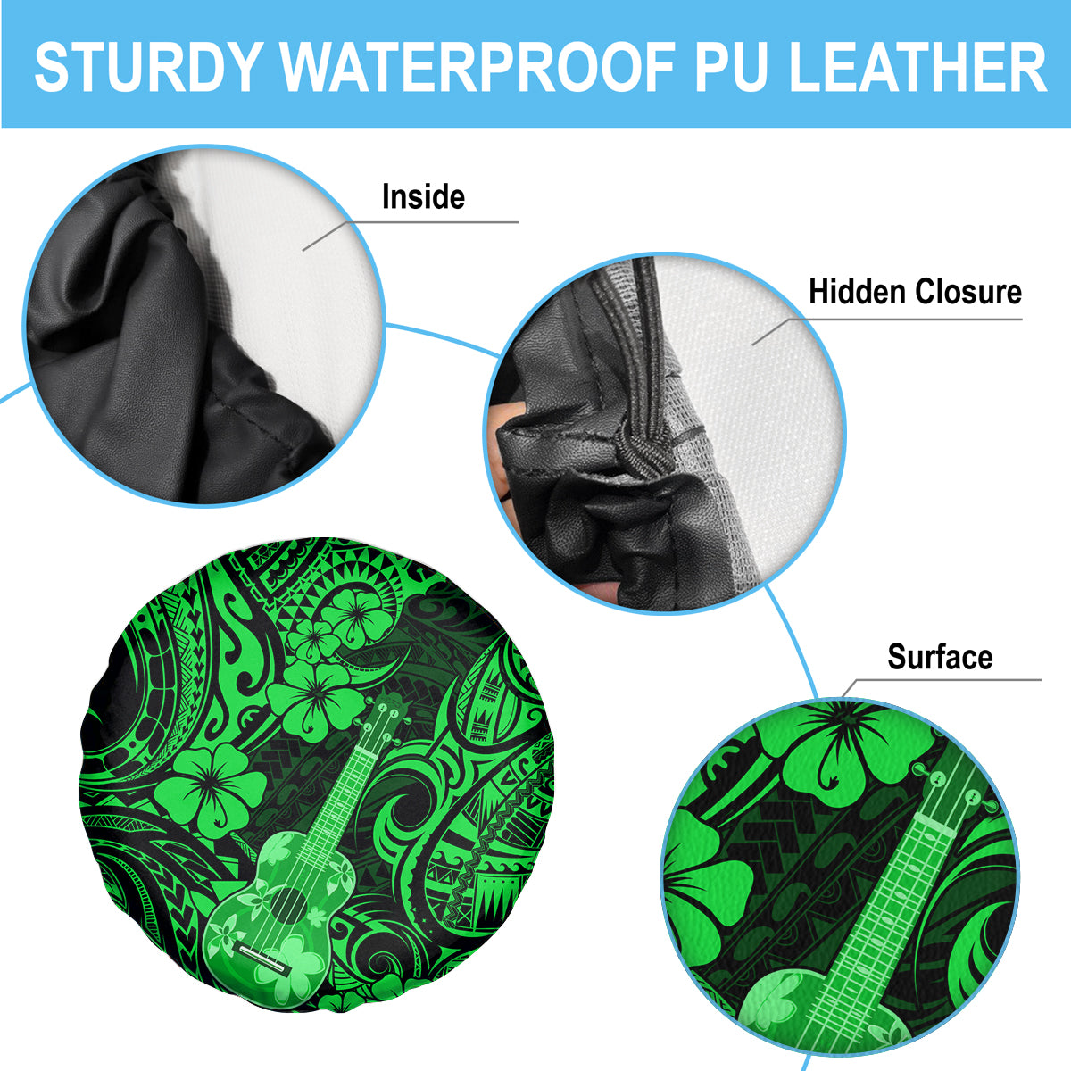 Hawaii Ukulele Spare Tire Cover Polynesian Pattern Green Version - Wonder Print Shop