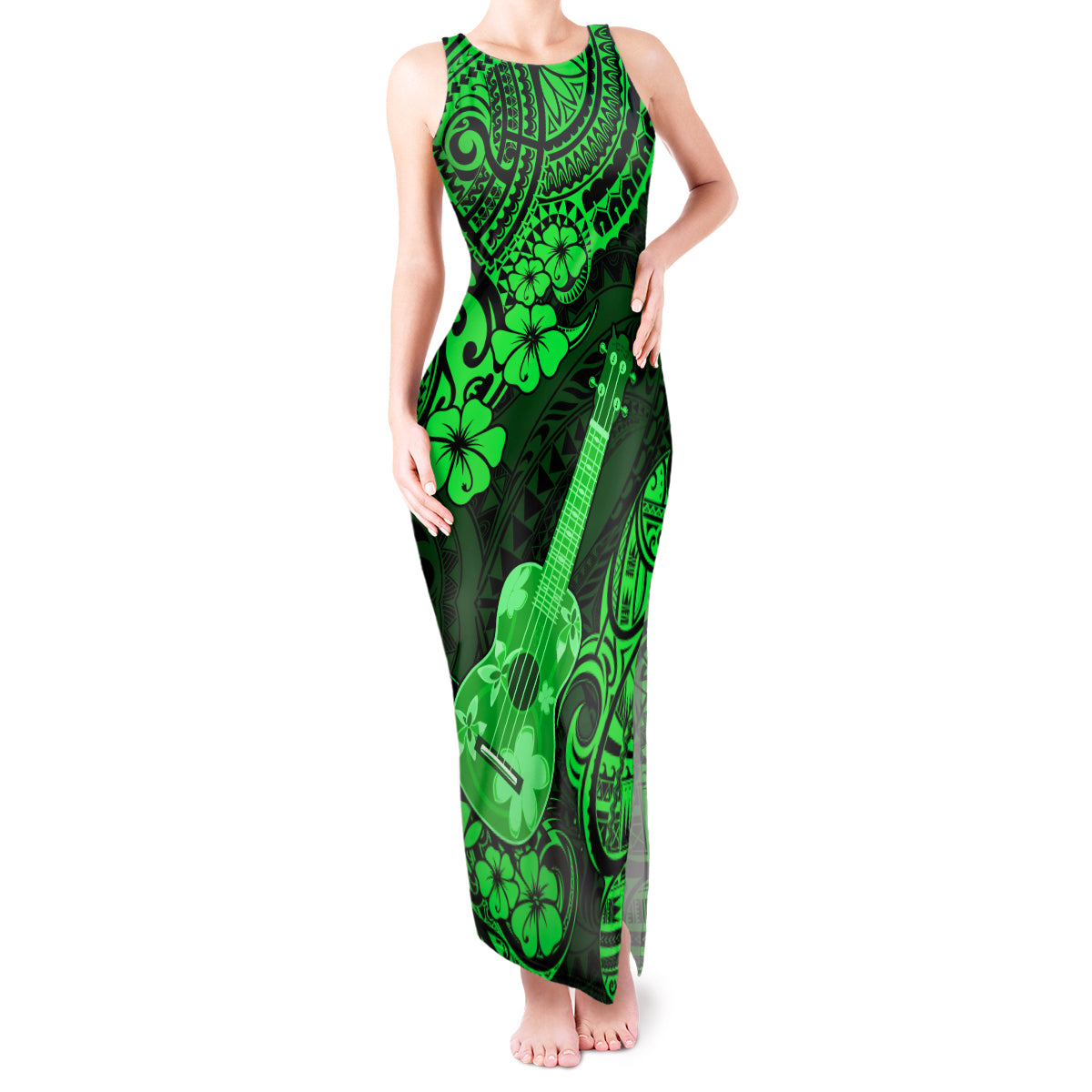 Hawaii Ukulele Tank Maxi Dress Polynesian Pattern Green Version - Wonder Print Shop