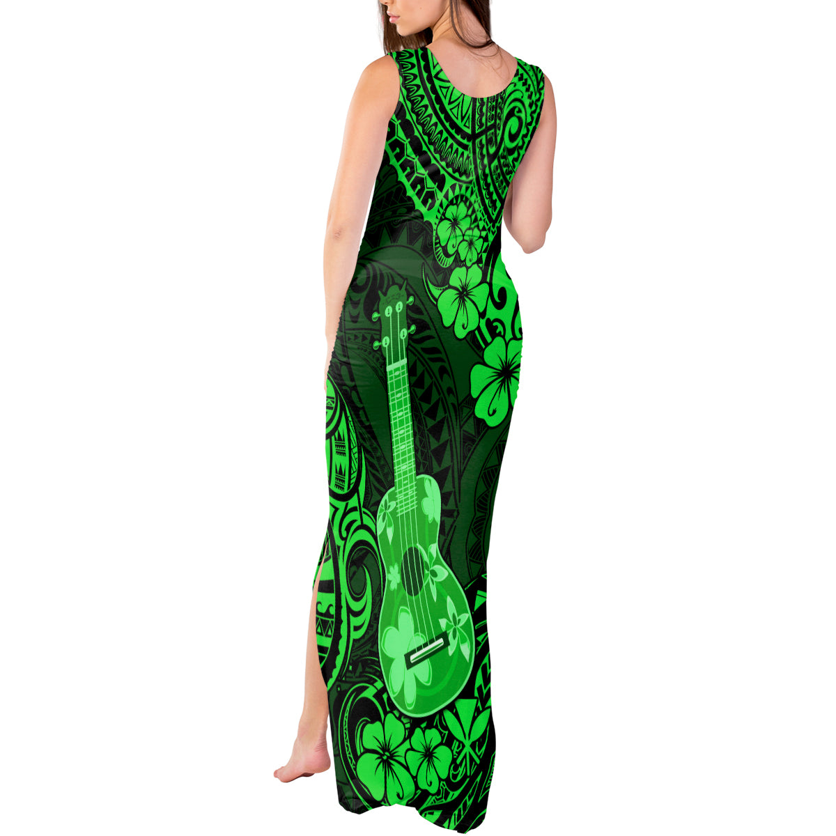 Hawaii Ukulele Tank Maxi Dress Polynesian Pattern Green Version - Wonder Print Shop
