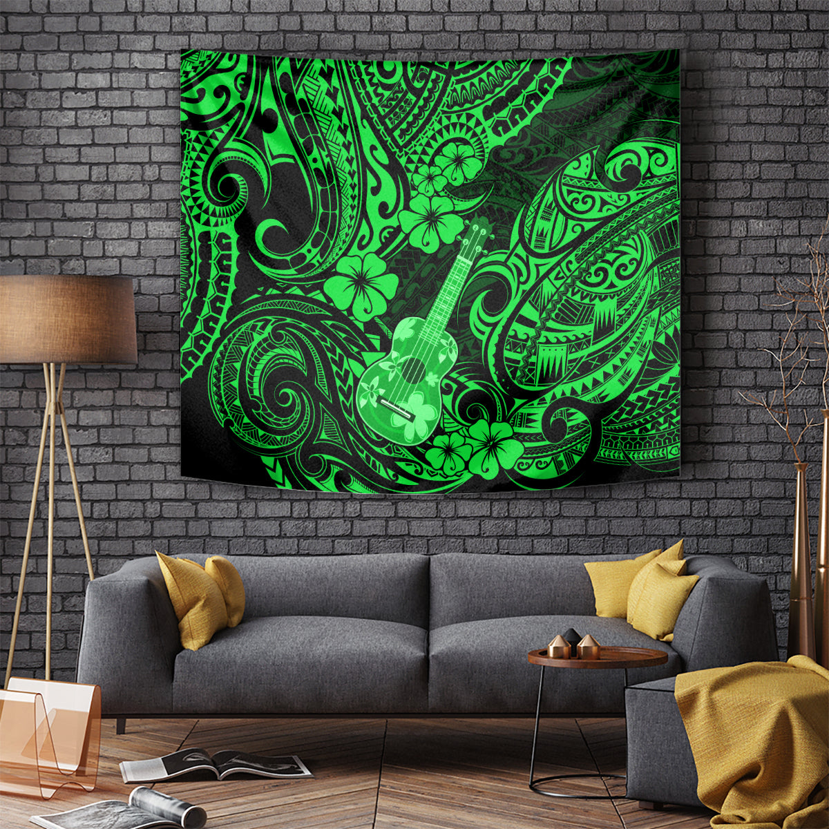 Hawaii Ukulele Tapestry Polynesian Pattern Green Version - Wonder Print Shop
