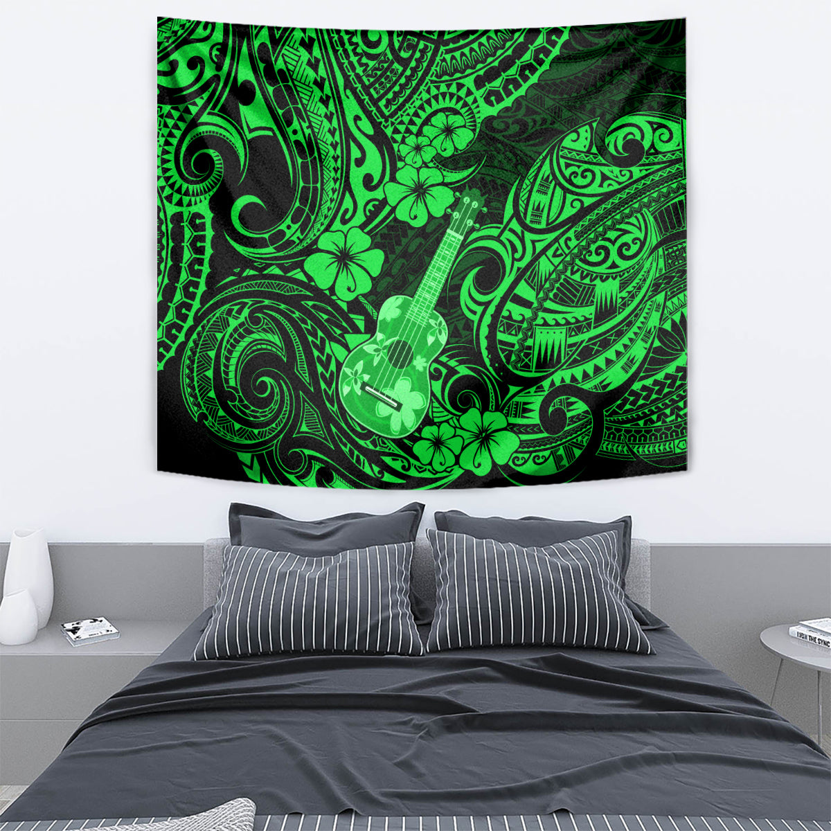 Hawaii Ukulele Tapestry Polynesian Pattern Green Version - Wonder Print Shop