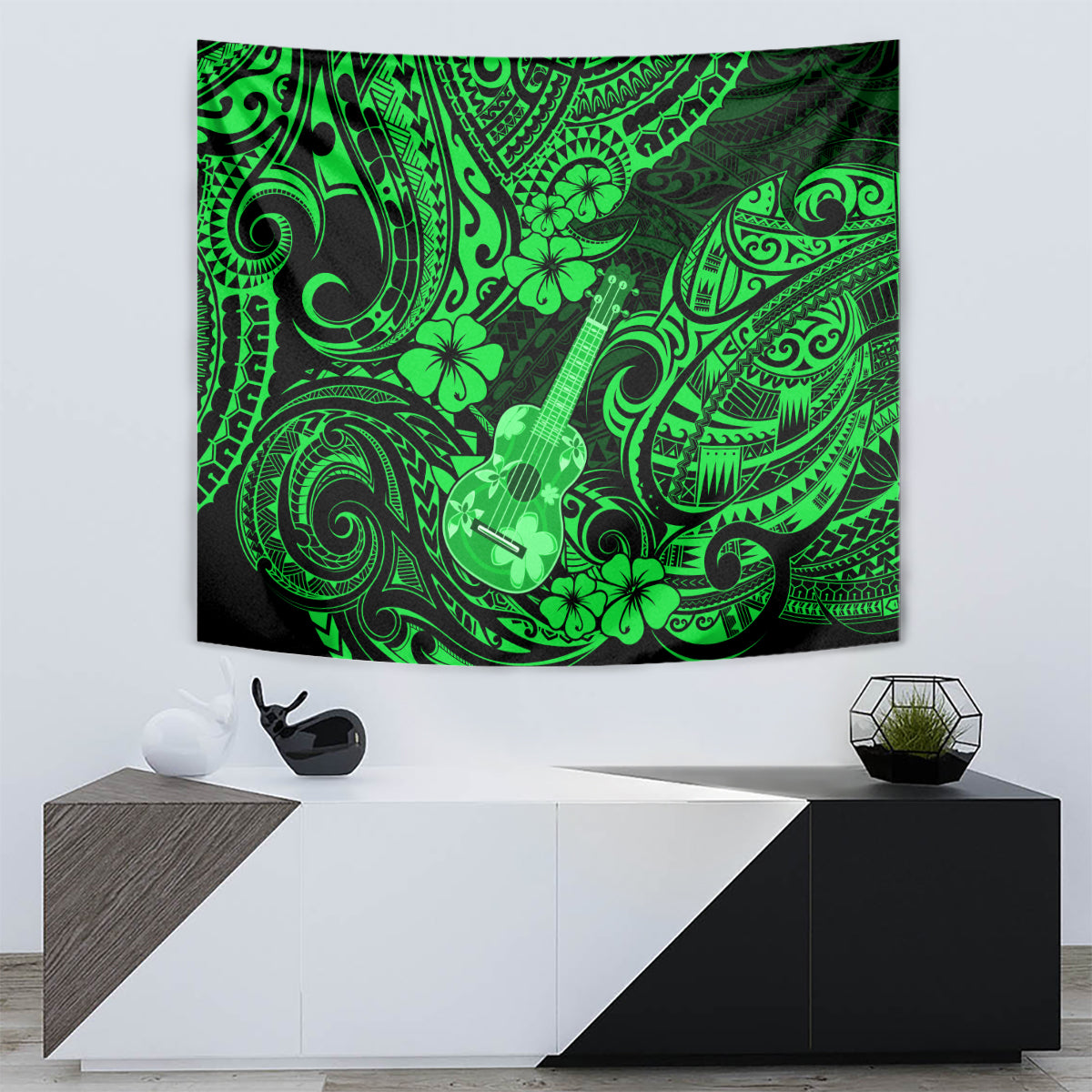 Hawaii Ukulele Tapestry Polynesian Pattern Green Version - Wonder Print Shop