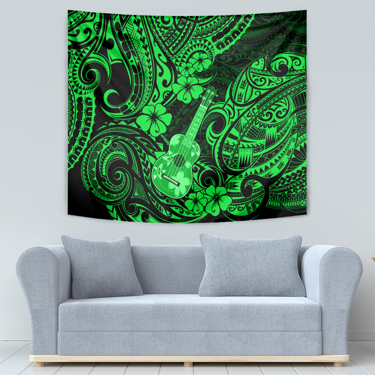 Hawaii Ukulele Tapestry Polynesian Pattern Green Version - Wonder Print Shop
