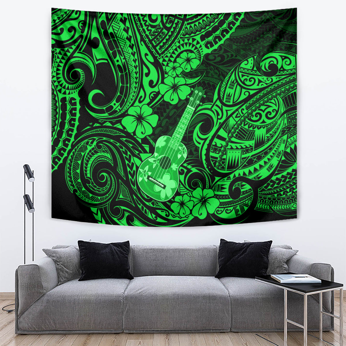 Hawaii Ukulele Tapestry Polynesian Pattern Green Version - Wonder Print Shop