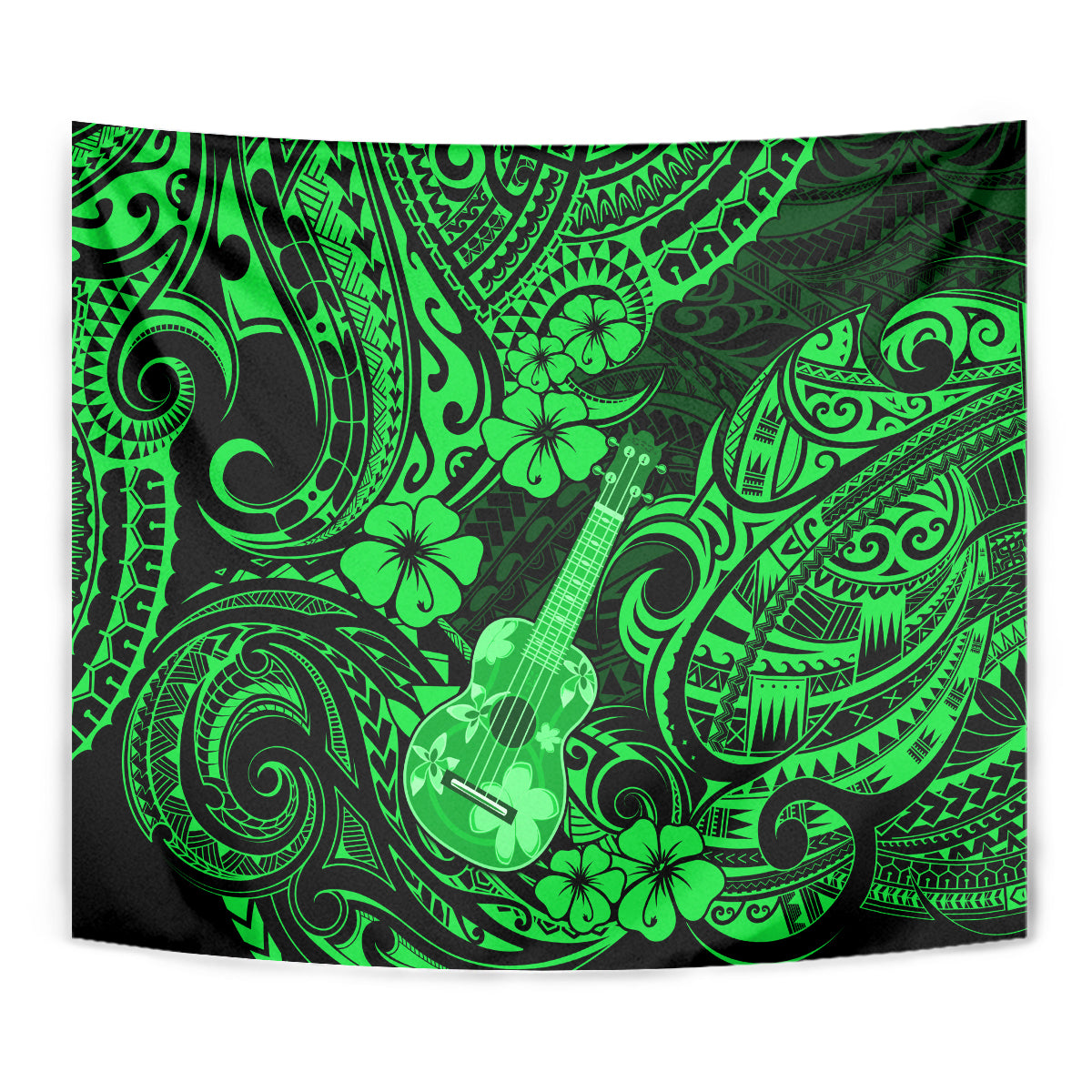 Hawaii Ukulele Tapestry Polynesian Pattern Green Version - Wonder Print Shop
