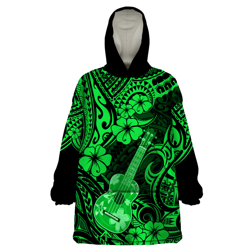 Hawaii Ukulele Wearable Blanket Hoodie Polynesian Pattern Green Version - Wonder Print Shop