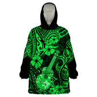 Hawaii Ukulele Wearable Blanket Hoodie Polynesian Pattern Green Version - Wonder Print Shop