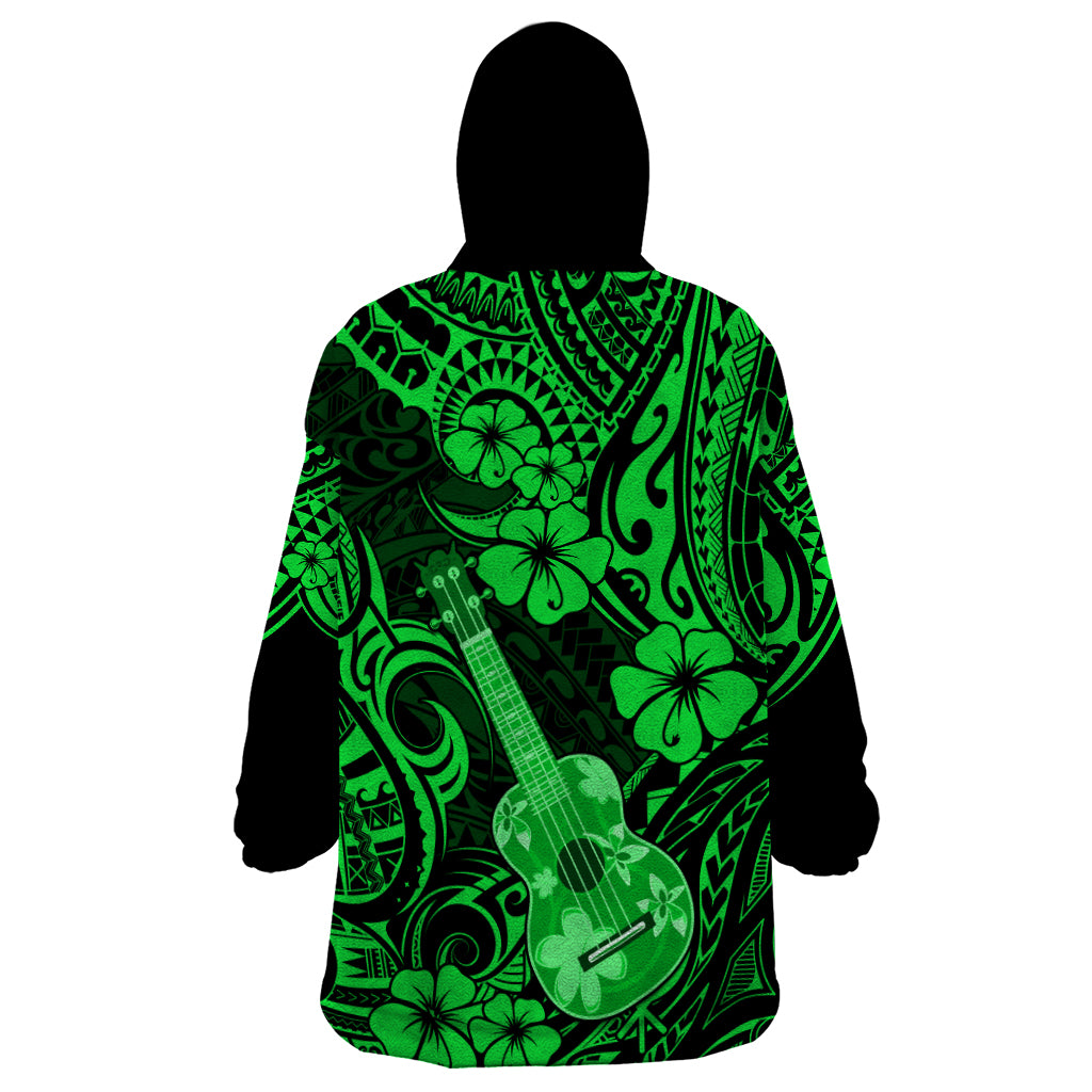 Hawaii Ukulele Wearable Blanket Hoodie Polynesian Pattern Green Version - Wonder Print Shop