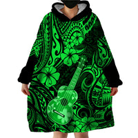 Hawaii Ukulele Wearable Blanket Hoodie Polynesian Pattern Green Version - Wonder Print Shop