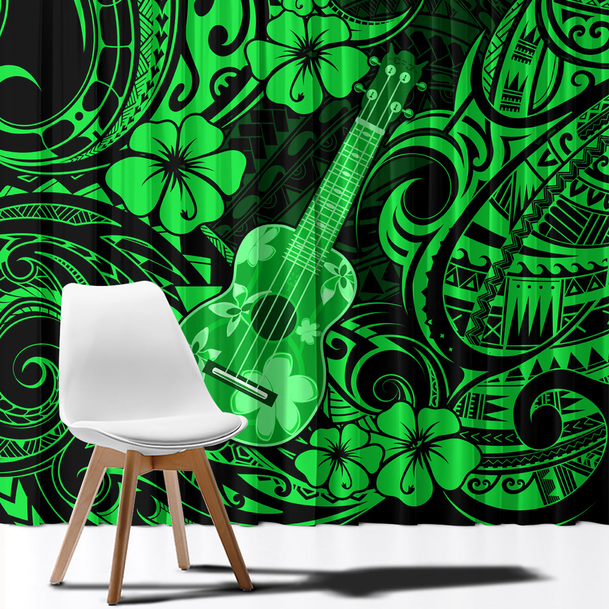 Hawaii Ukulele Window Curtain Polynesian Pattern Green Version - Wonder Print Shop