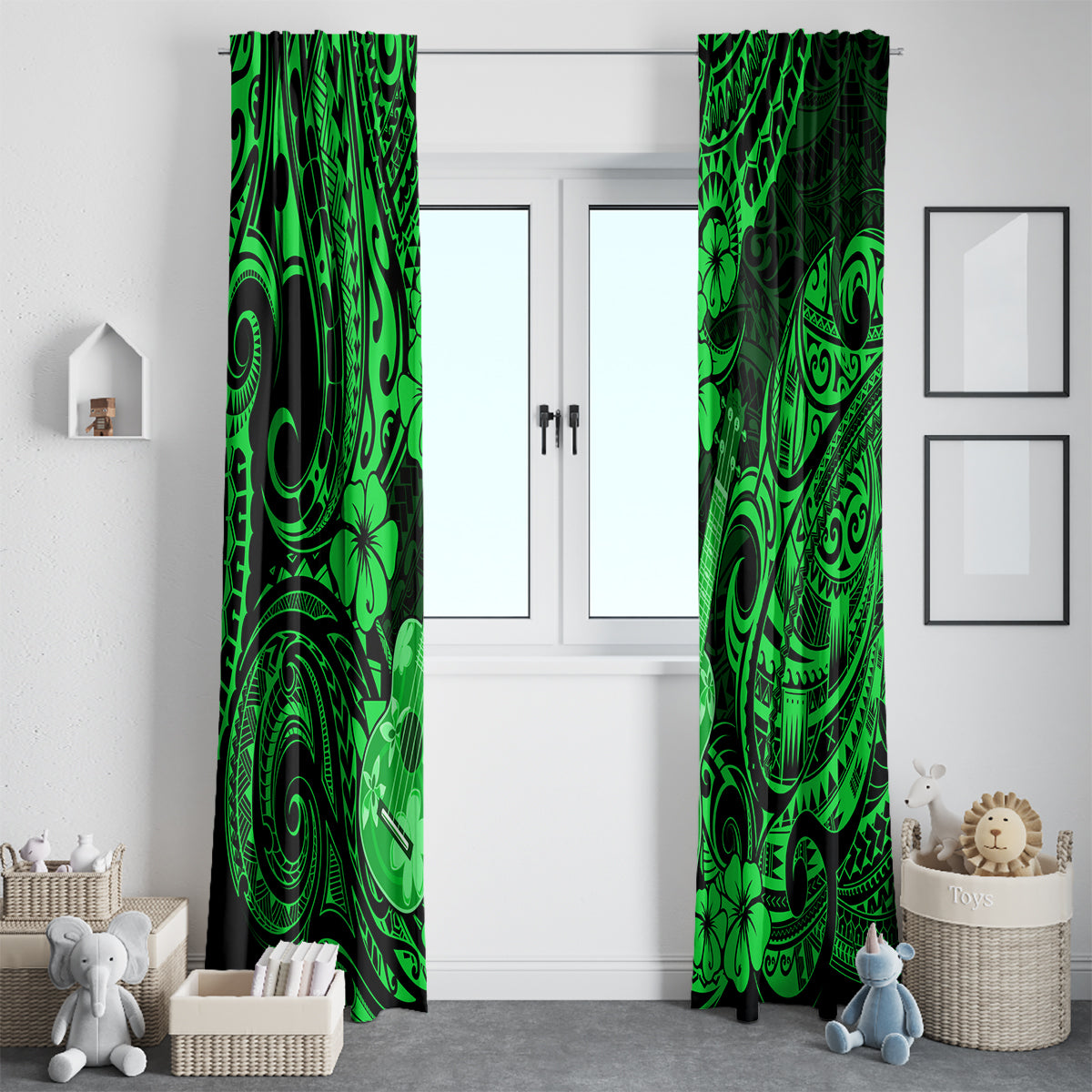 Hawaii Ukulele Window Curtain Polynesian Pattern Green Version - Wonder Print Shop