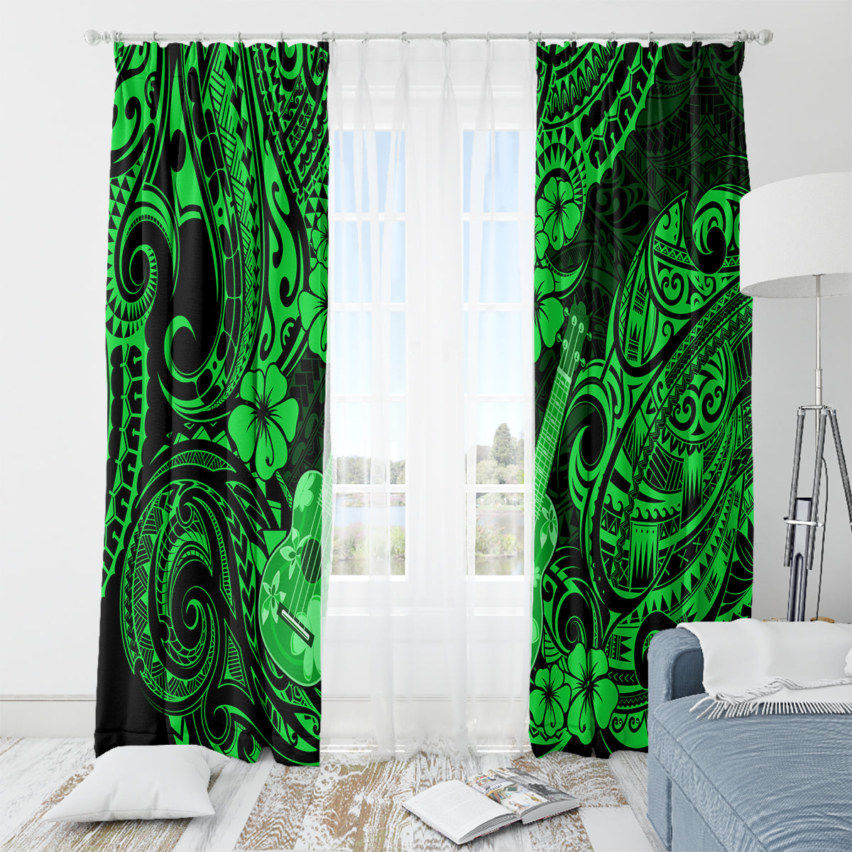 Hawaii Ukulele Window Curtain Polynesian Pattern Green Version - Wonder Print Shop