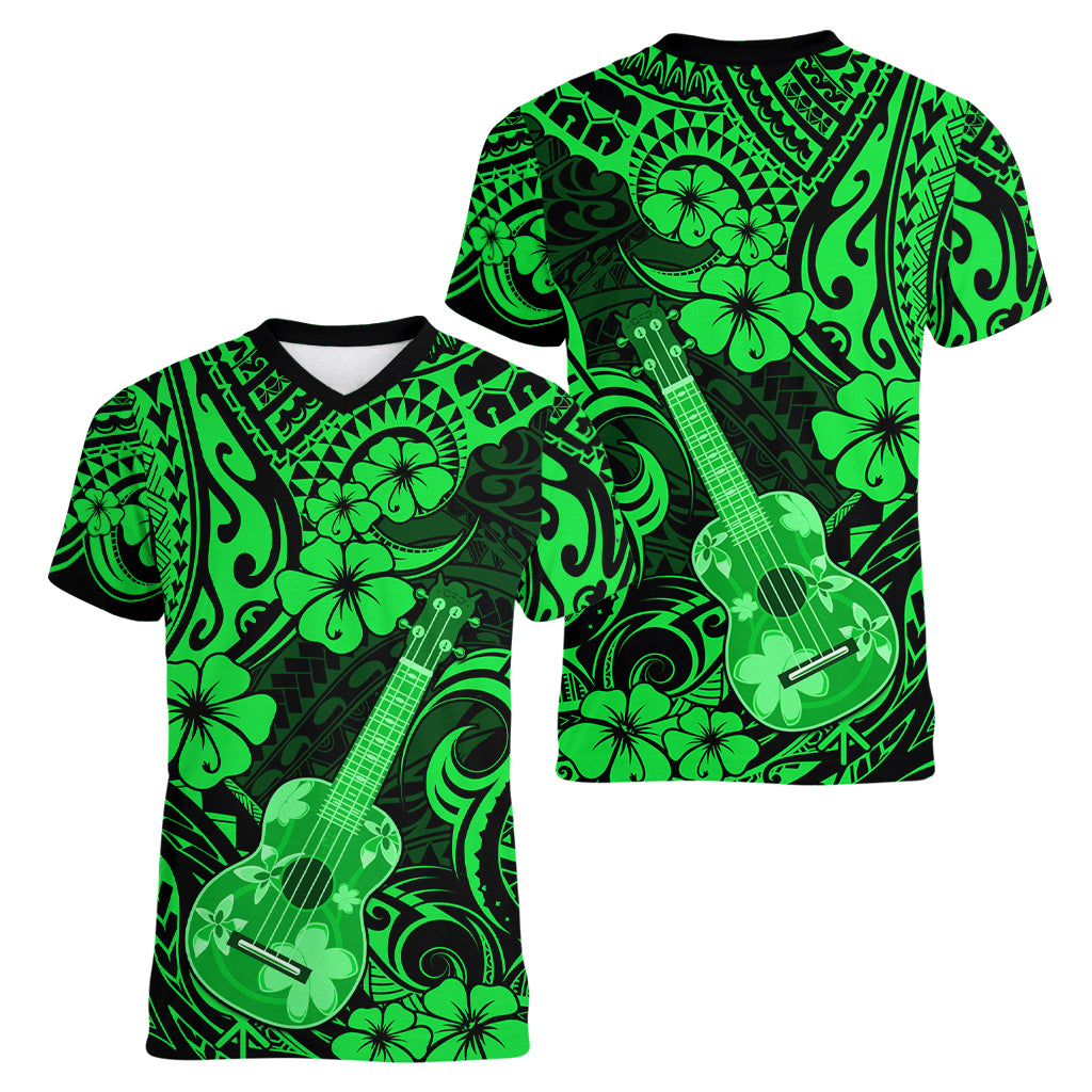 Hawaii Ukulele Women V Neck T Shirt Polynesian Pattern Green Version - Wonder Print Shop