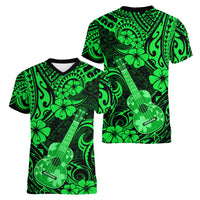 Hawaii Ukulele Women V Neck T Shirt Polynesian Pattern Green Version - Wonder Print Shop