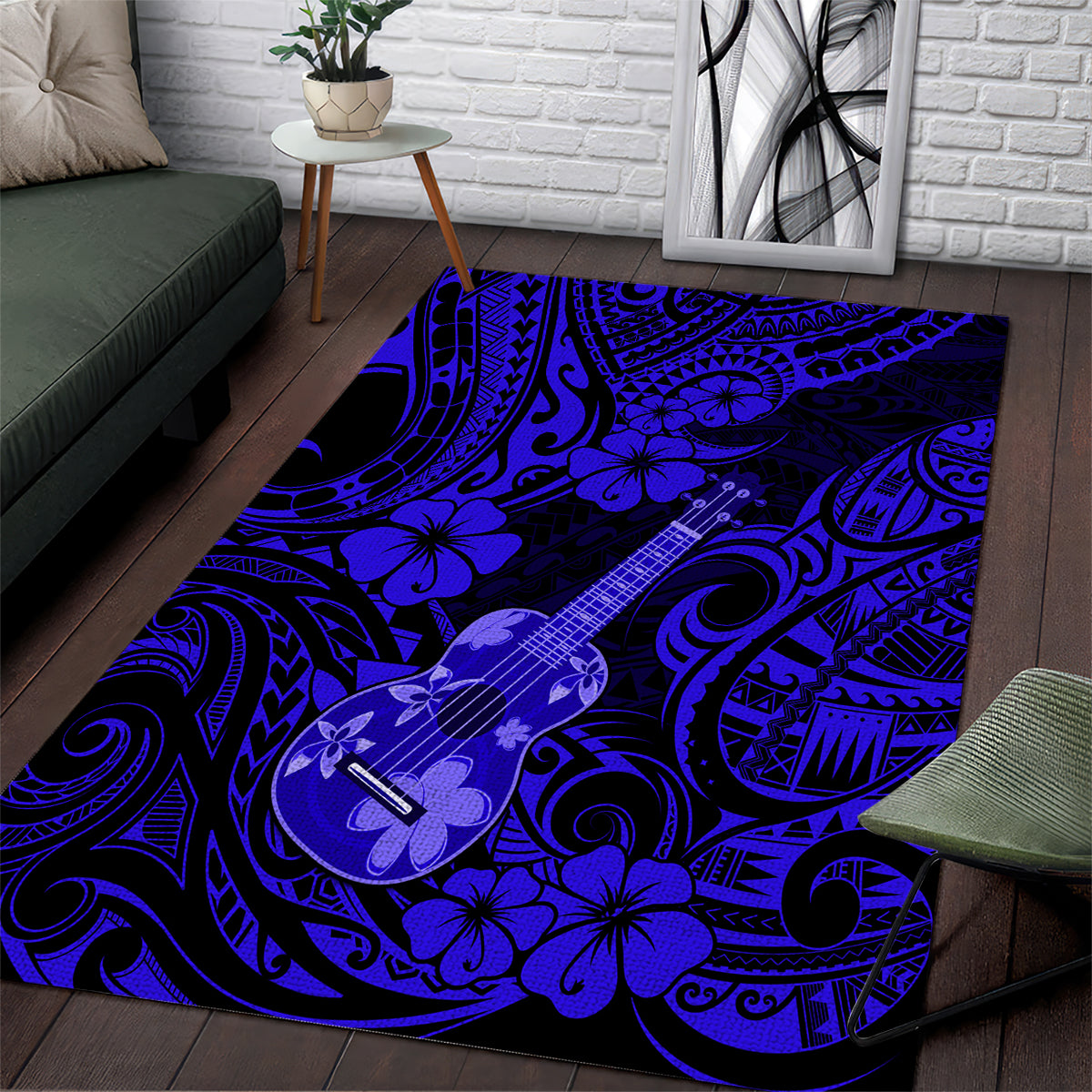 Hawaii Ukulele Area Rug Polynesian Pattern Navy Blue Version - Wonder Print Shop