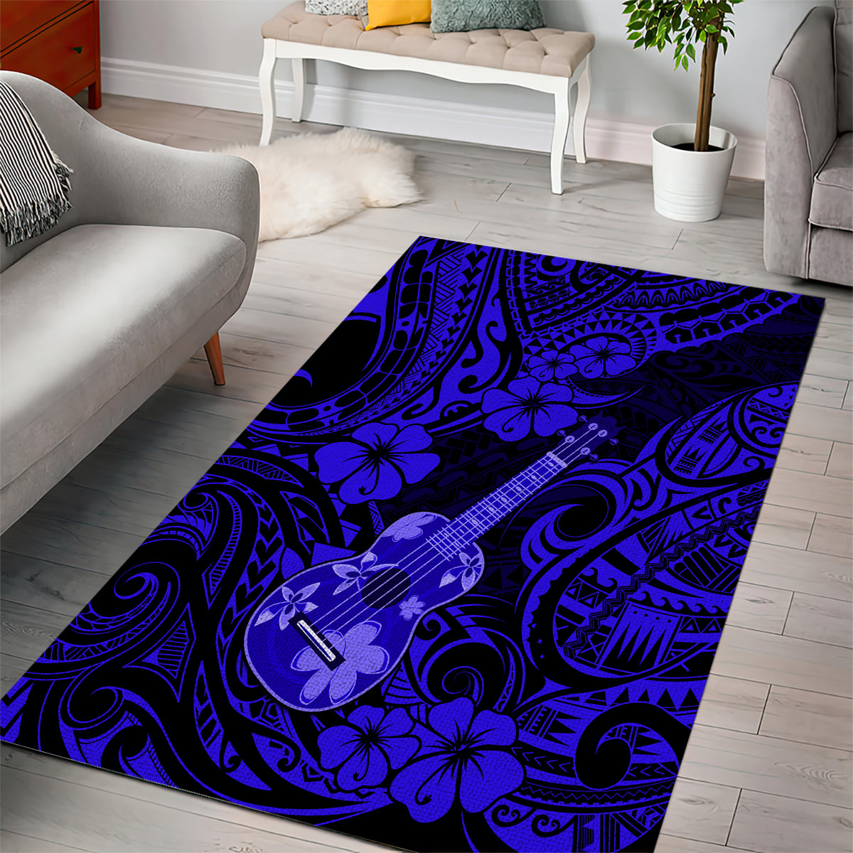 Hawaii Ukulele Area Rug Polynesian Pattern Navy Blue Version - Wonder Print Shop