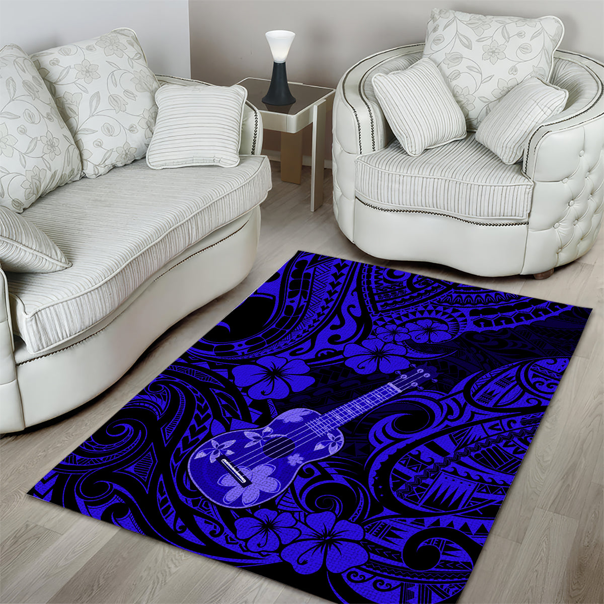 Hawaii Ukulele Area Rug Polynesian Pattern Navy Blue Version - Wonder Print Shop