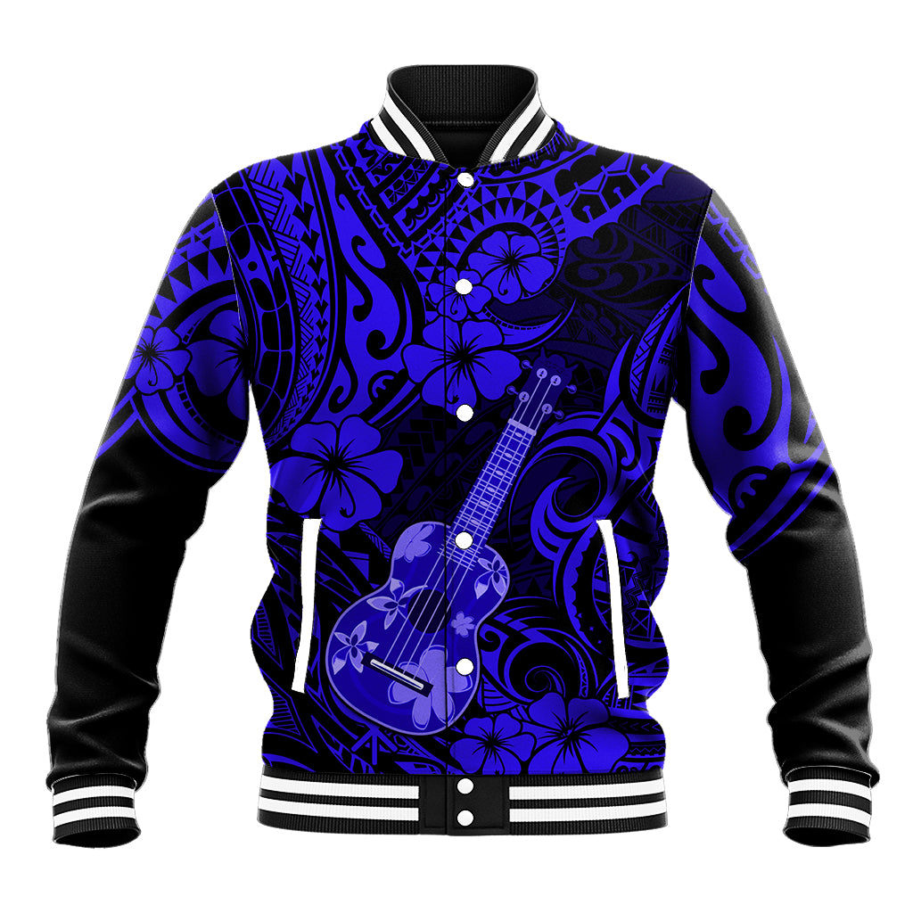 Hawaii Ukulele Baseball Jacket Polynesian Pattern Navy Blue Version - Wonder Print Shop