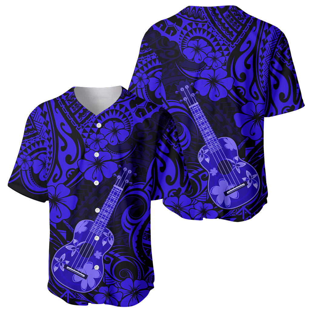 Hawaii Ukulele Baseball Jersey Polynesian Pattern Navy Blue Version - Wonder Print Shop