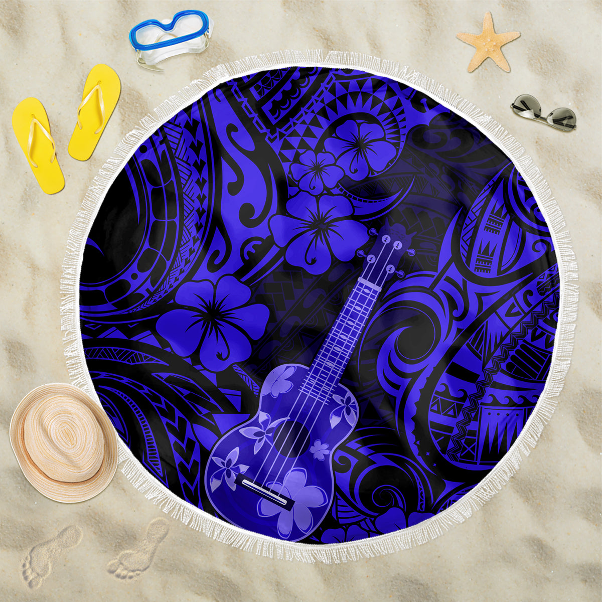 Hawaii Ukulele Beach Blanket Polynesian Pattern Navy Blue Version - Wonder Print Shop
