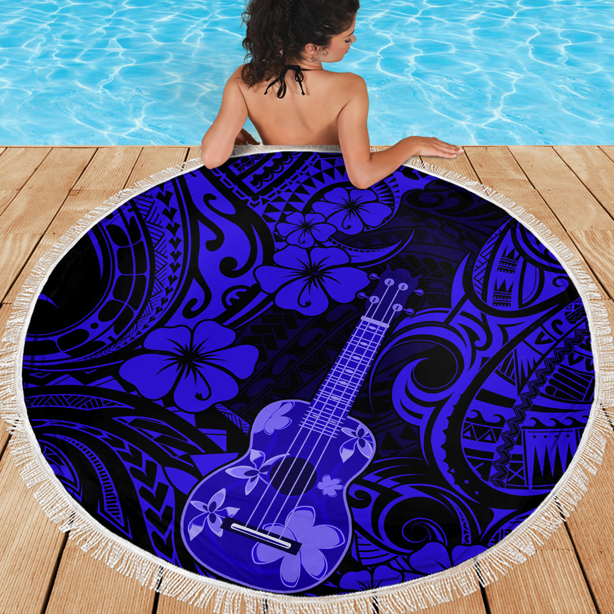 Hawaii Ukulele Beach Blanket Polynesian Pattern Navy Blue Version - Wonder Print Shop