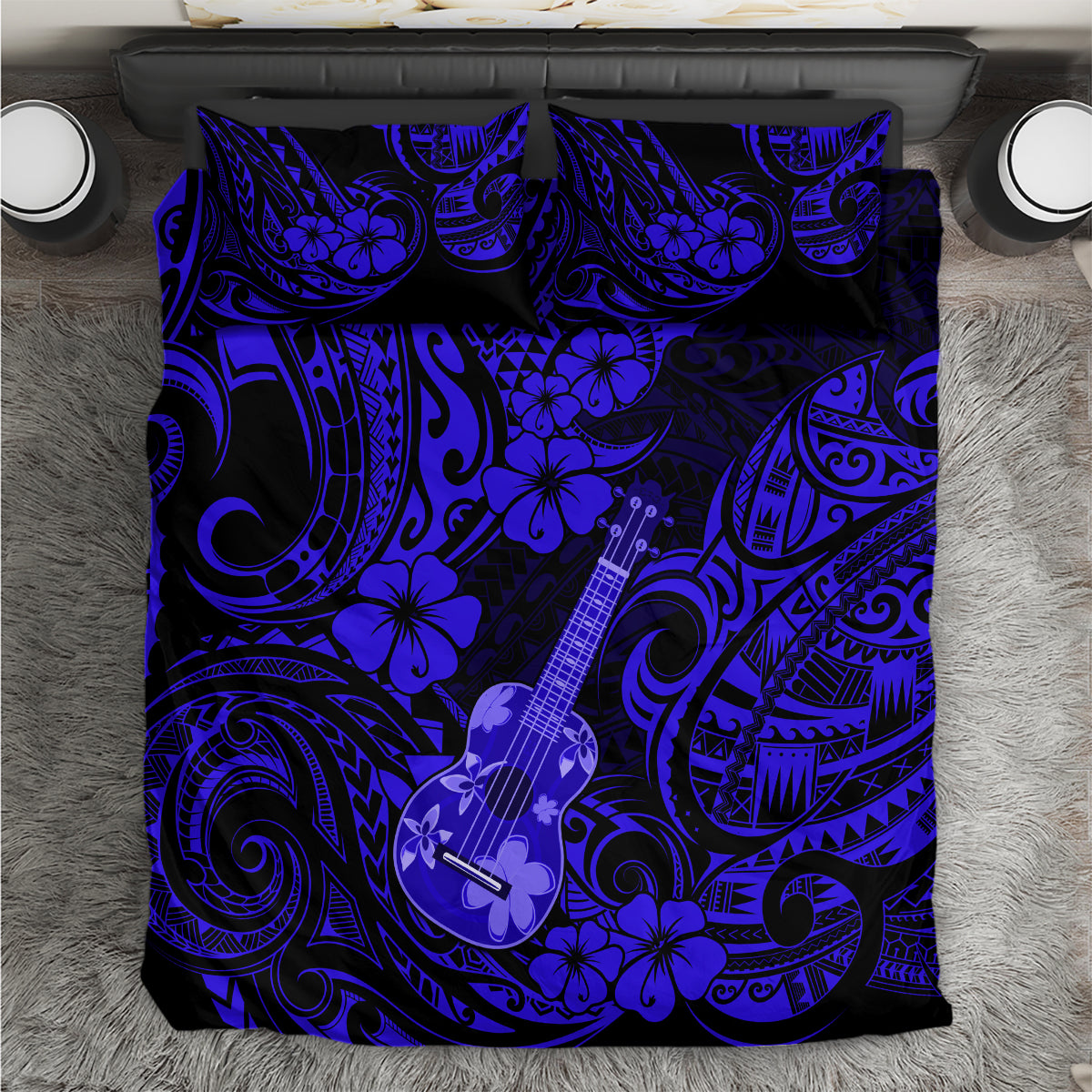 Hawaii Ukulele Bedding Set Polynesian Pattern Navy Blue Version - Wonder Print Shop