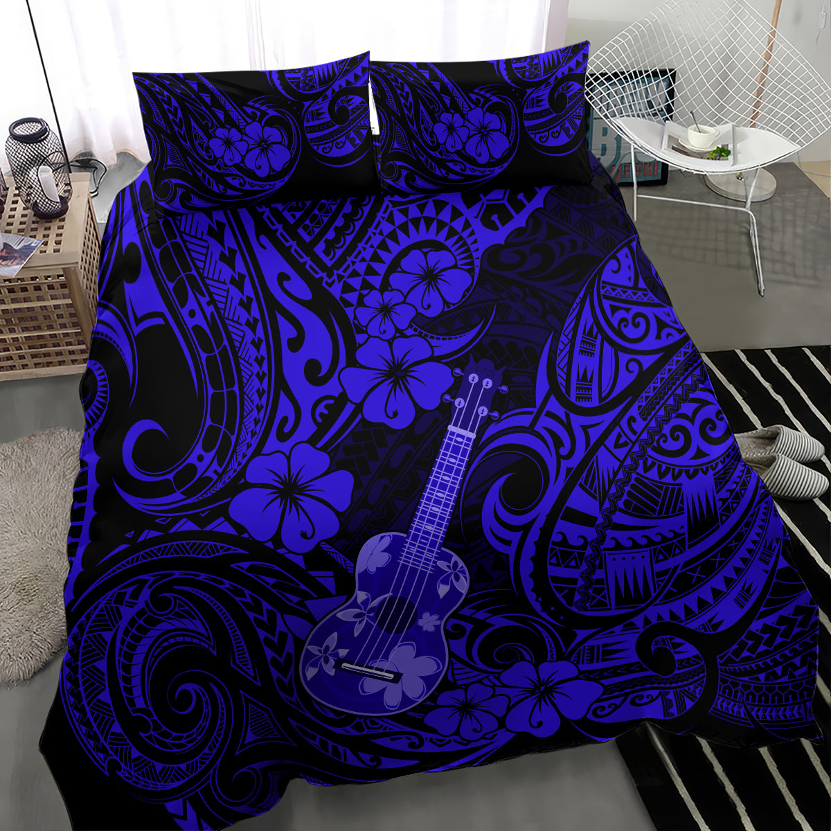 Hawaii Ukulele Bedding Set Polynesian Pattern Navy Blue Version - Wonder Print Shop