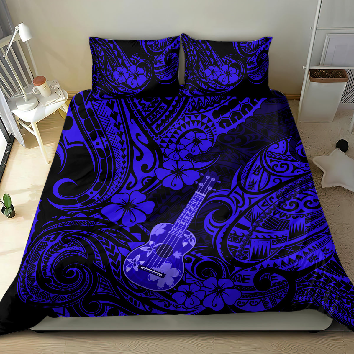 Hawaii Ukulele Bedding Set Polynesian Pattern Navy Blue Version - Wonder Print Shop