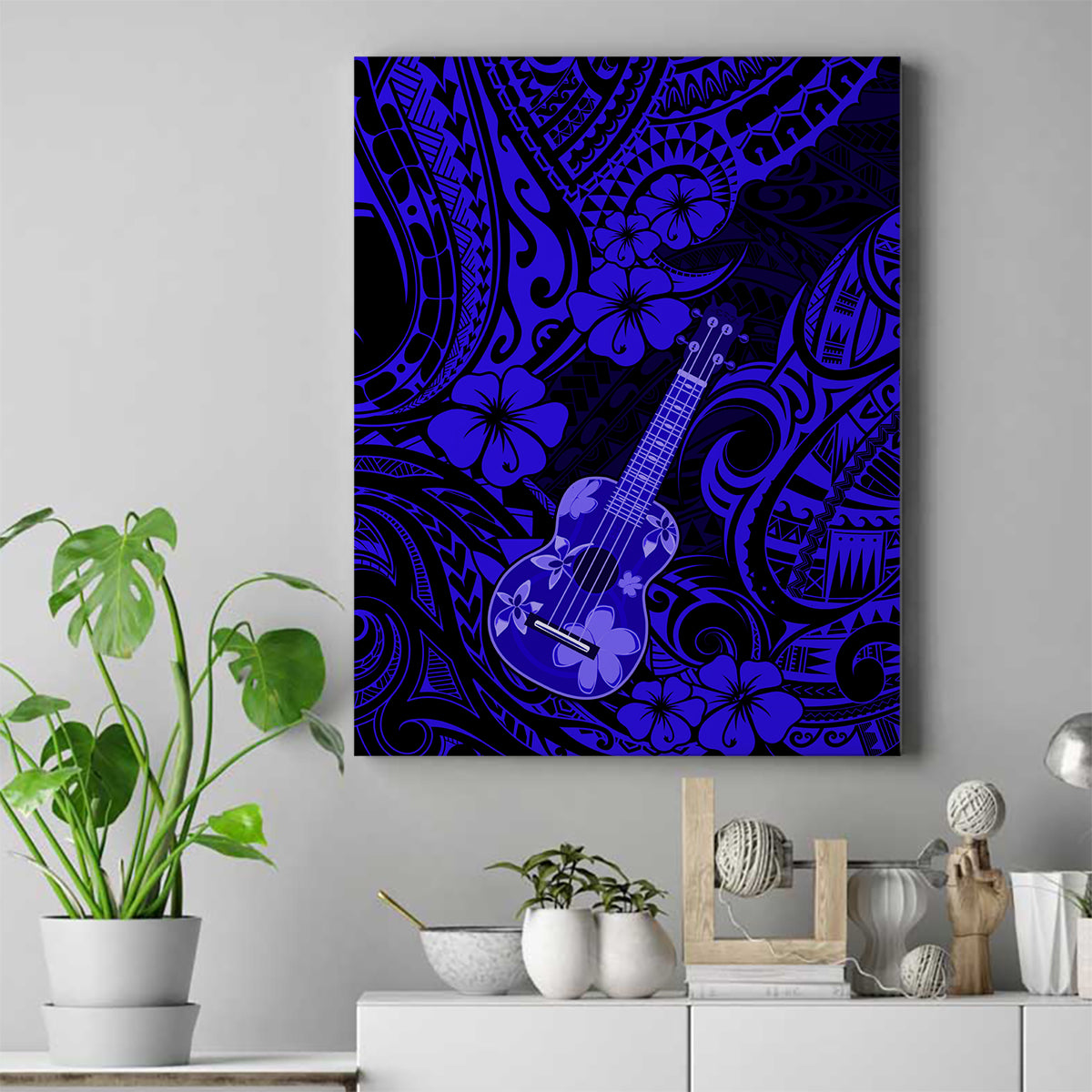 Hawaii Ukulele Canvas Wall Art Polynesian Pattern Navy Blue Version - Wonder Print Shop