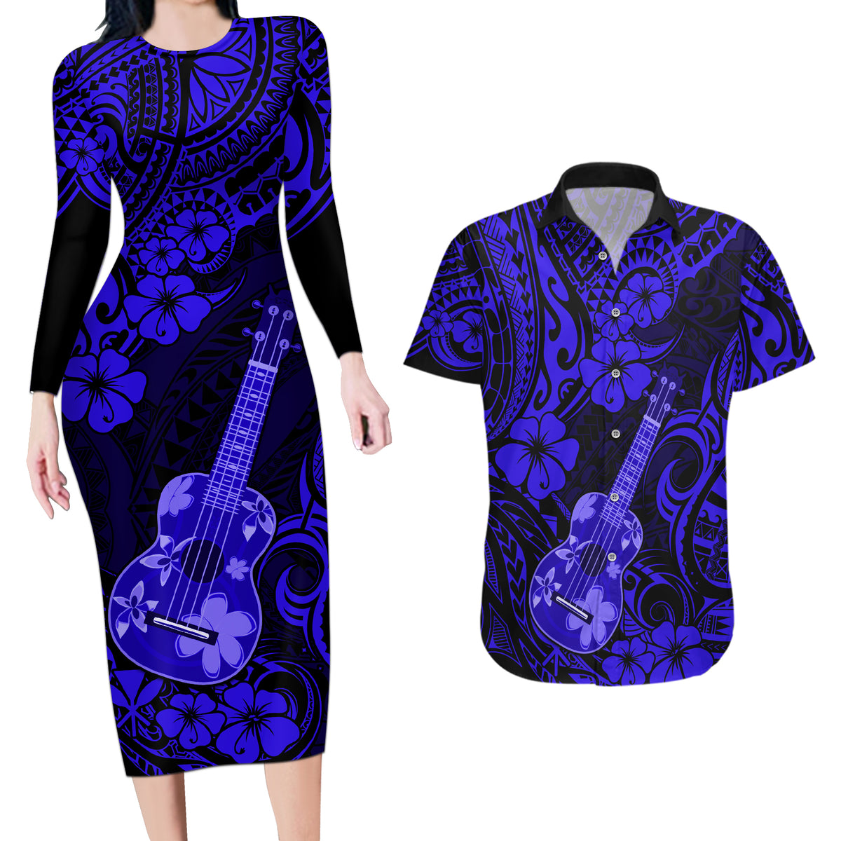 Hawaii Ukulele Couples Matching Long Sleeve Bodycon Dress and Hawaiian Shirt Polynesian Pattern Navy Blue Version - Wonder Print Shop