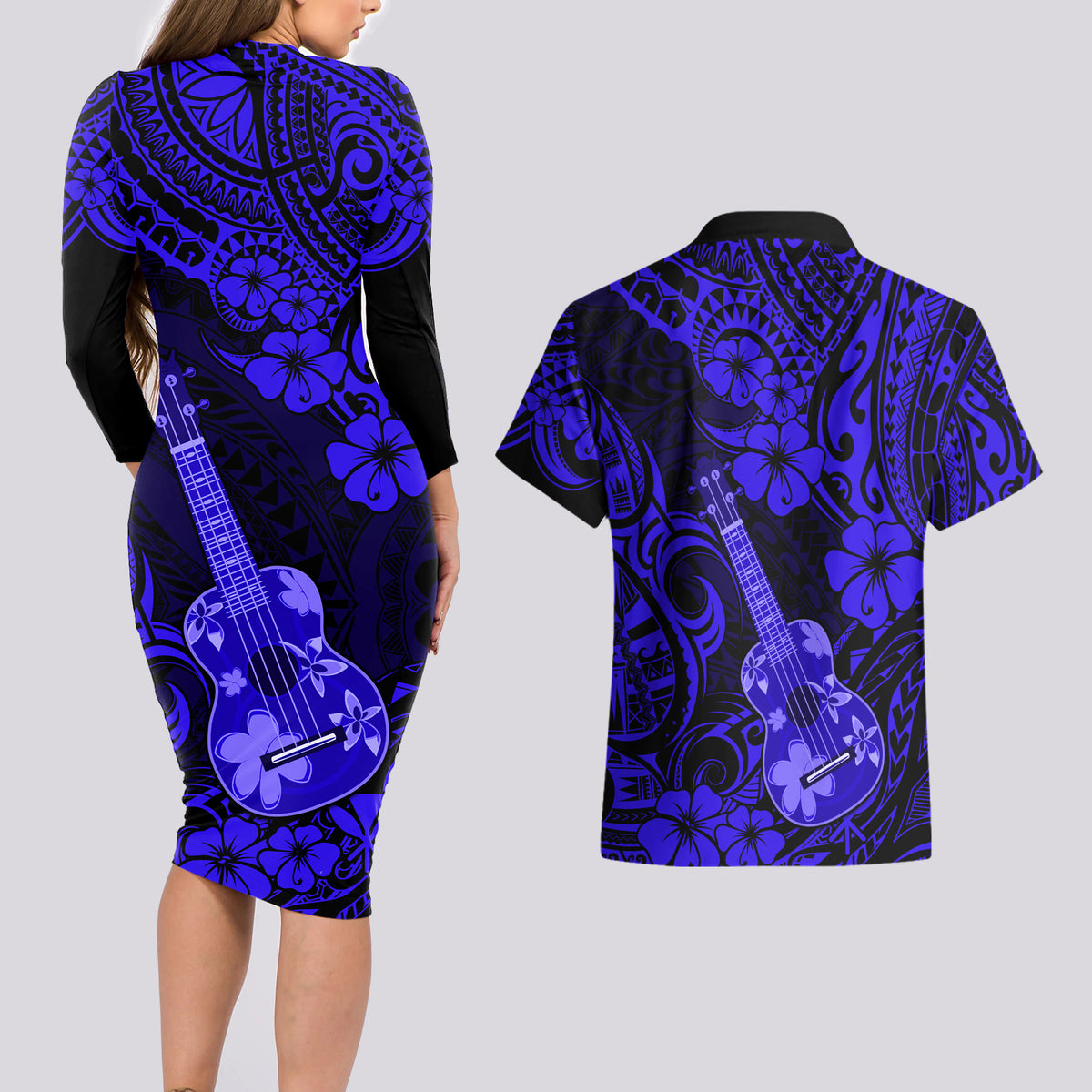 Hawaii Ukulele Couples Matching Long Sleeve Bodycon Dress and Hawaiian Shirt Polynesian Pattern Navy Blue Version - Wonder Print Shop
