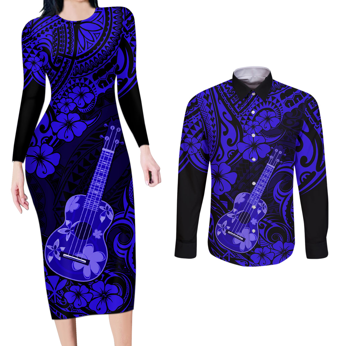 Hawaii Ukulele Couples Matching Long Sleeve Bodycon Dress and Long Sleeve Button Shirts Polynesian Pattern Navy Blue Version - Wonder Print Shop