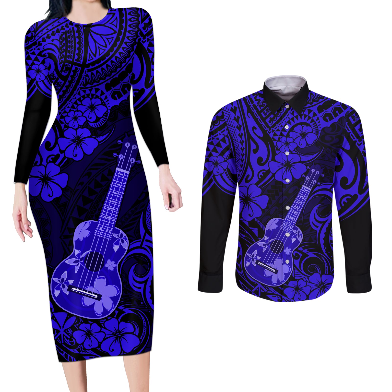 Hawaii Ukulele Couples Matching Long Sleeve Bodycon Dress and Long Sleeve Button Shirts Polynesian Pattern Navy Blue Version - Wonder Print Shop
