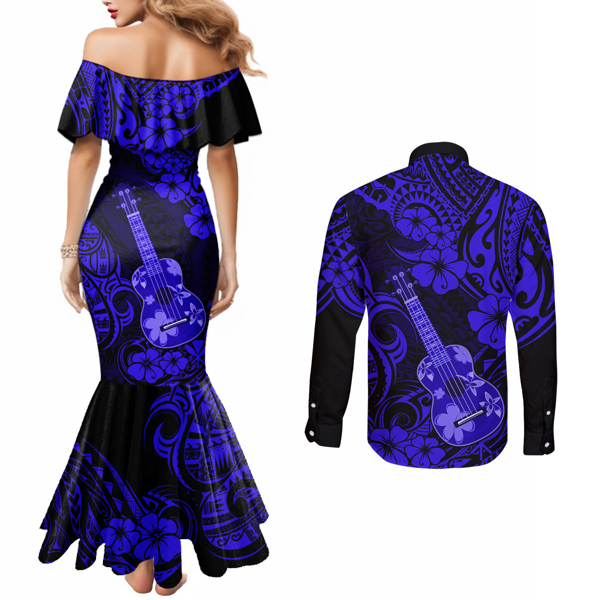 hawaii-ukulele-couples-matching-mermaid-dress-and-long-sleeve-button-shirts-polynesian-pattern-navy-blue-version