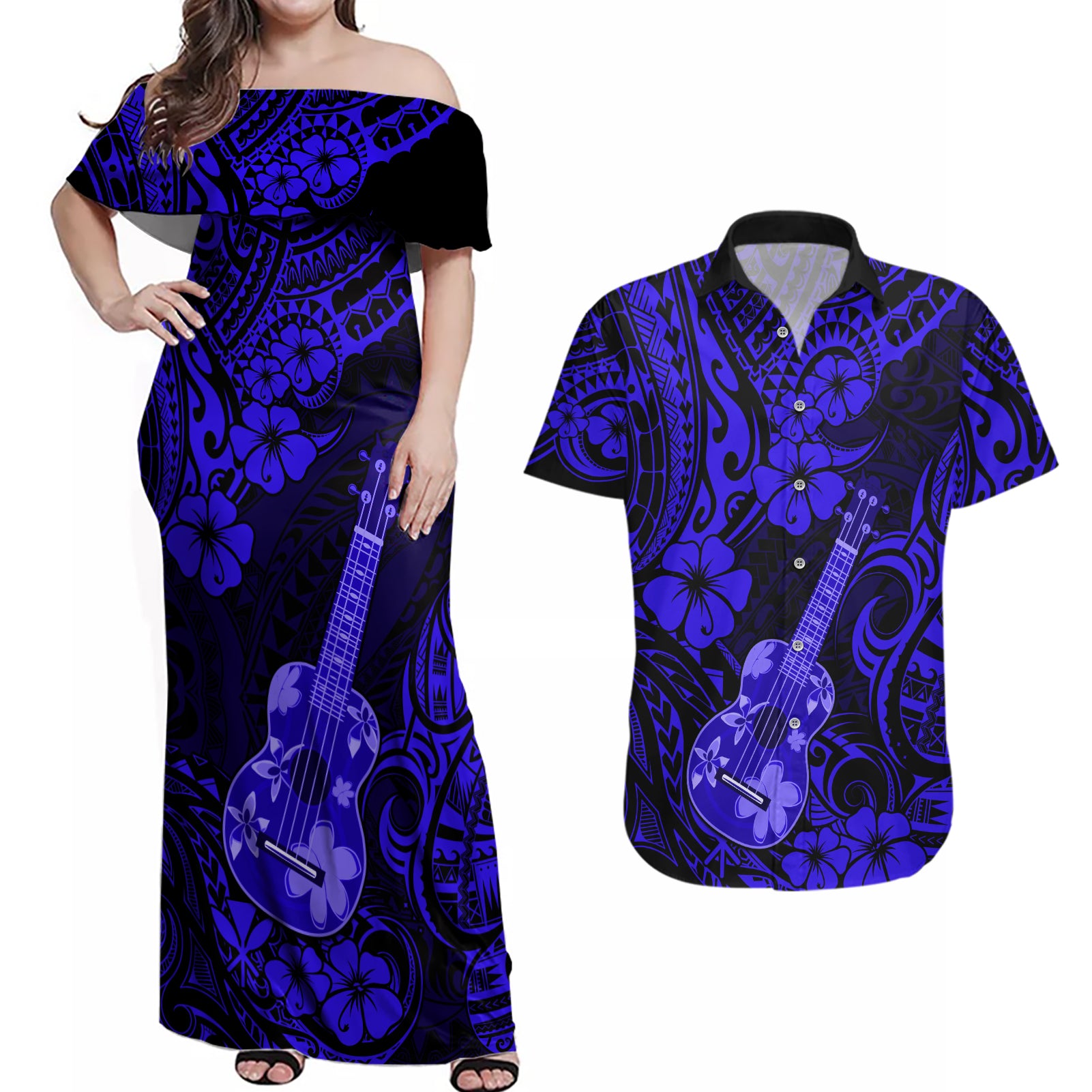 Hawaii Ukulele Couples Matching Off Shoulder Maxi Dress and Hawaiian Shirt Polynesian Pattern Navy Blue Version - Wonder Print Shop