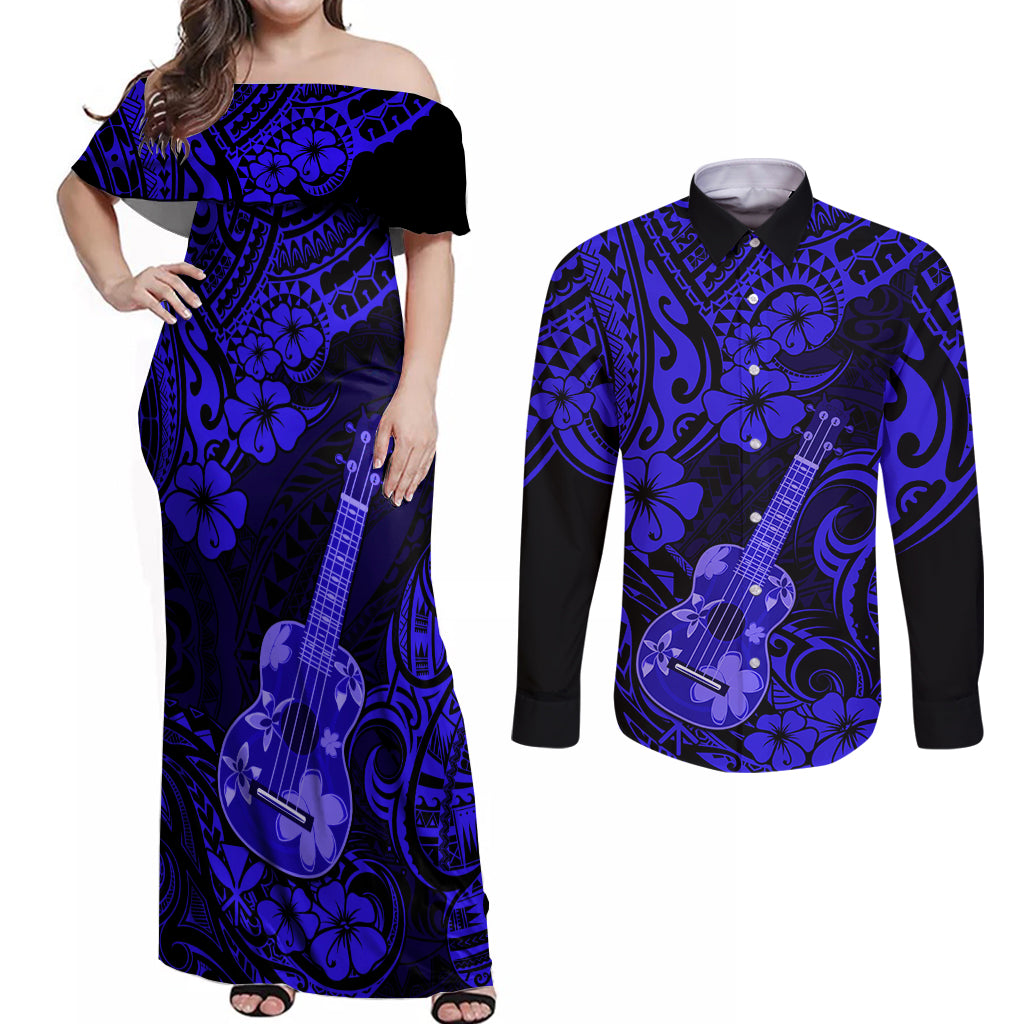 Hawaii Ukulele Couples Matching Off Shoulder Maxi Dress and Long Sleeve Button Shirts Polynesian Pattern Navy Blue Version - Wonder Print Shop