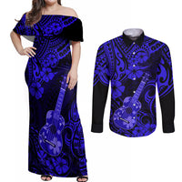 Hawaii Ukulele Couples Matching Off Shoulder Maxi Dress and Long Sleeve Button Shirts Polynesian Pattern Navy Blue Version - Wonder Print Shop
