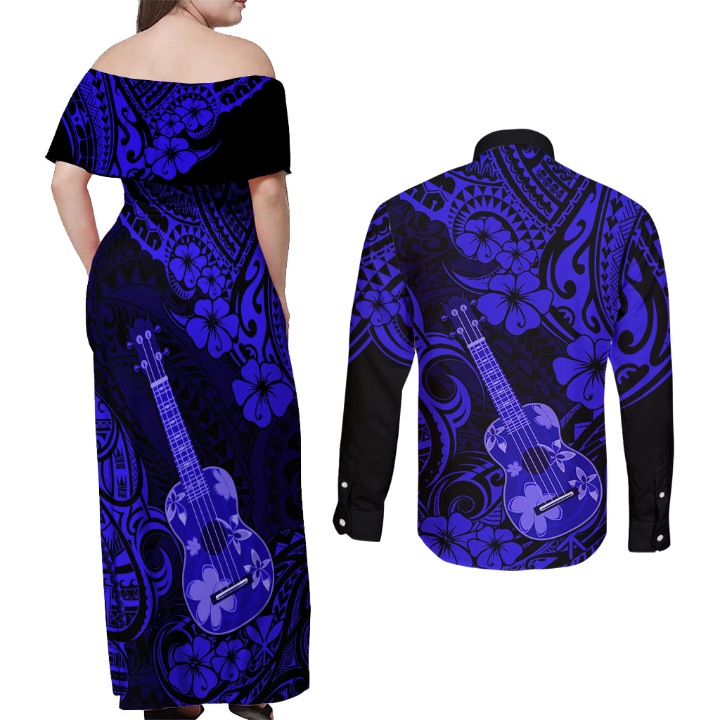 Hawaii Ukulele Couples Matching Off Shoulder Maxi Dress and Long Sleeve Button Shirts Polynesian Pattern Navy Blue Version - Wonder Print Shop