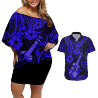 Hawaii Ukulele Couples Matching Off Shoulder Short Dress and Hawaiian Shirt Polynesian Pattern Navy Blue Version - Wonder Print Shop