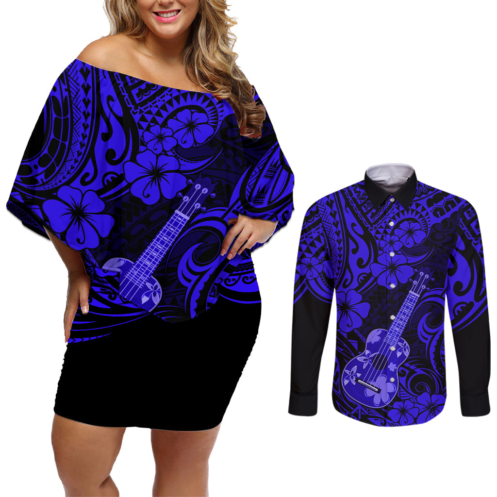 Hawaii Ukulele Couples Matching Off Shoulder Short Dress and Long Sleeve Button Shirts Polynesian Pattern Navy Blue Version - Wonder Print Shop