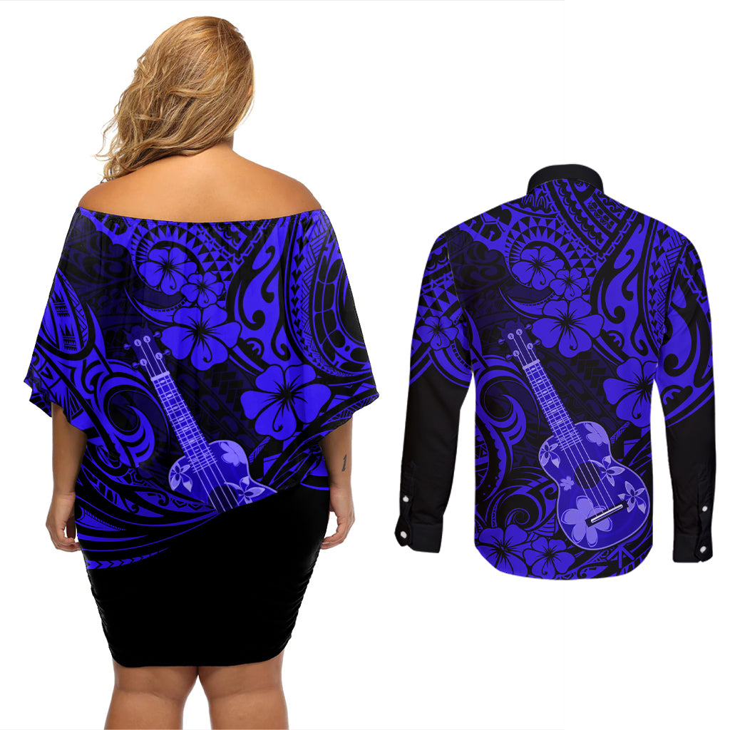 Hawaii Ukulele Couples Matching Off Shoulder Short Dress and Long Sleeve Button Shirts Polynesian Pattern Navy Blue Version - Wonder Print Shop