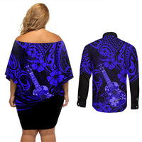 Hawaii Ukulele Couples Matching Off Shoulder Short Dress and Long Sleeve Button Shirts Polynesian Pattern Navy Blue Version - Wonder Print Shop