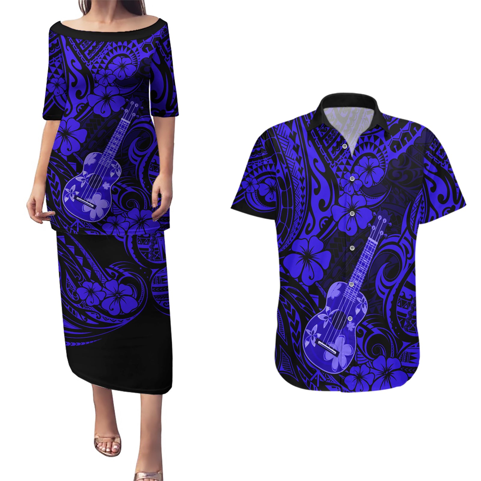 Hawaii Ukulele Couples Matching Puletasi Dress and Hawaiian Shirt Polynesian Pattern Navy Blue Version - Wonder Print Shop