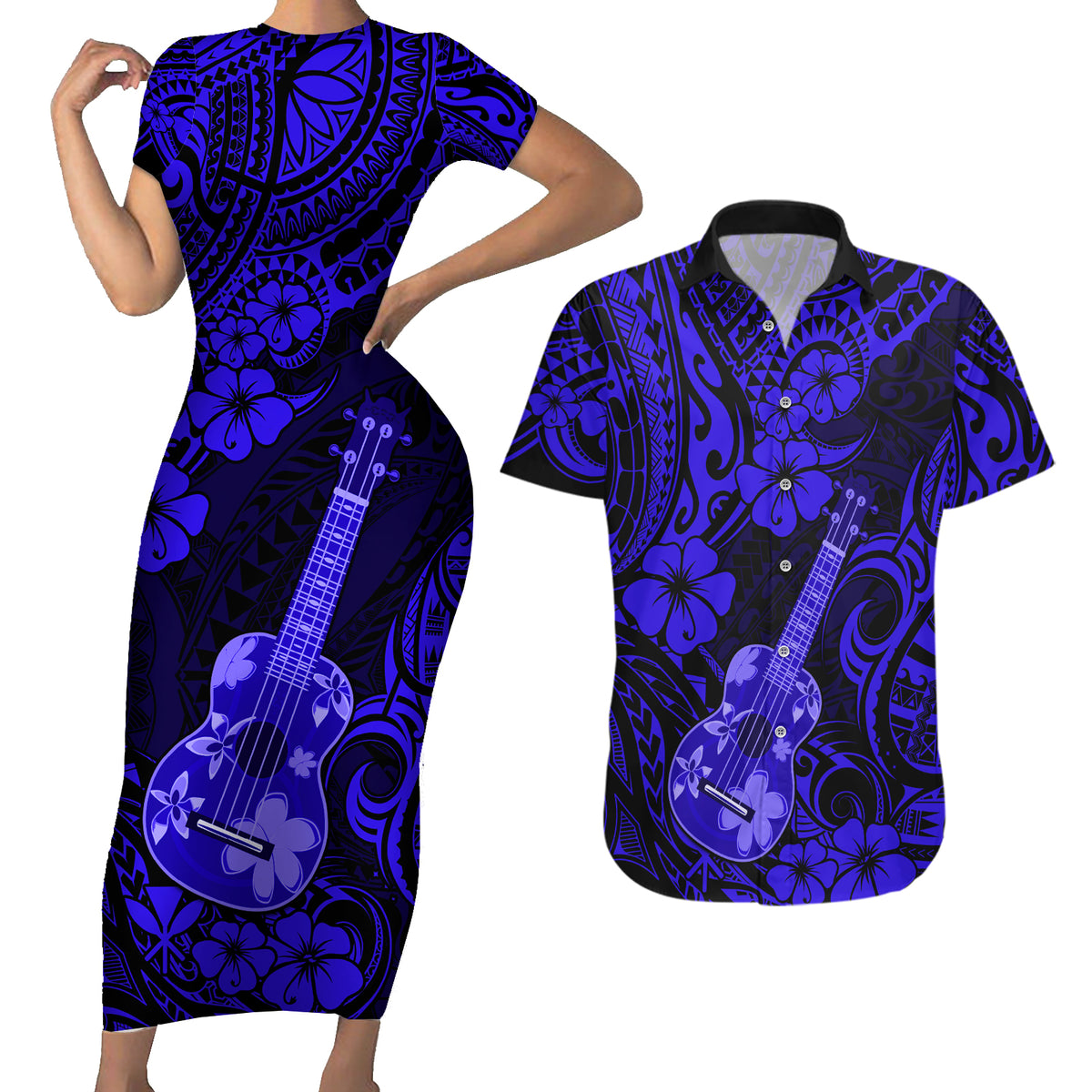 Hawaii Ukulele Couples Matching Short Sleeve Bodycon Dress and Hawaiian Shirt Polynesian Pattern Navy Blue Version - Wonder Print Shop