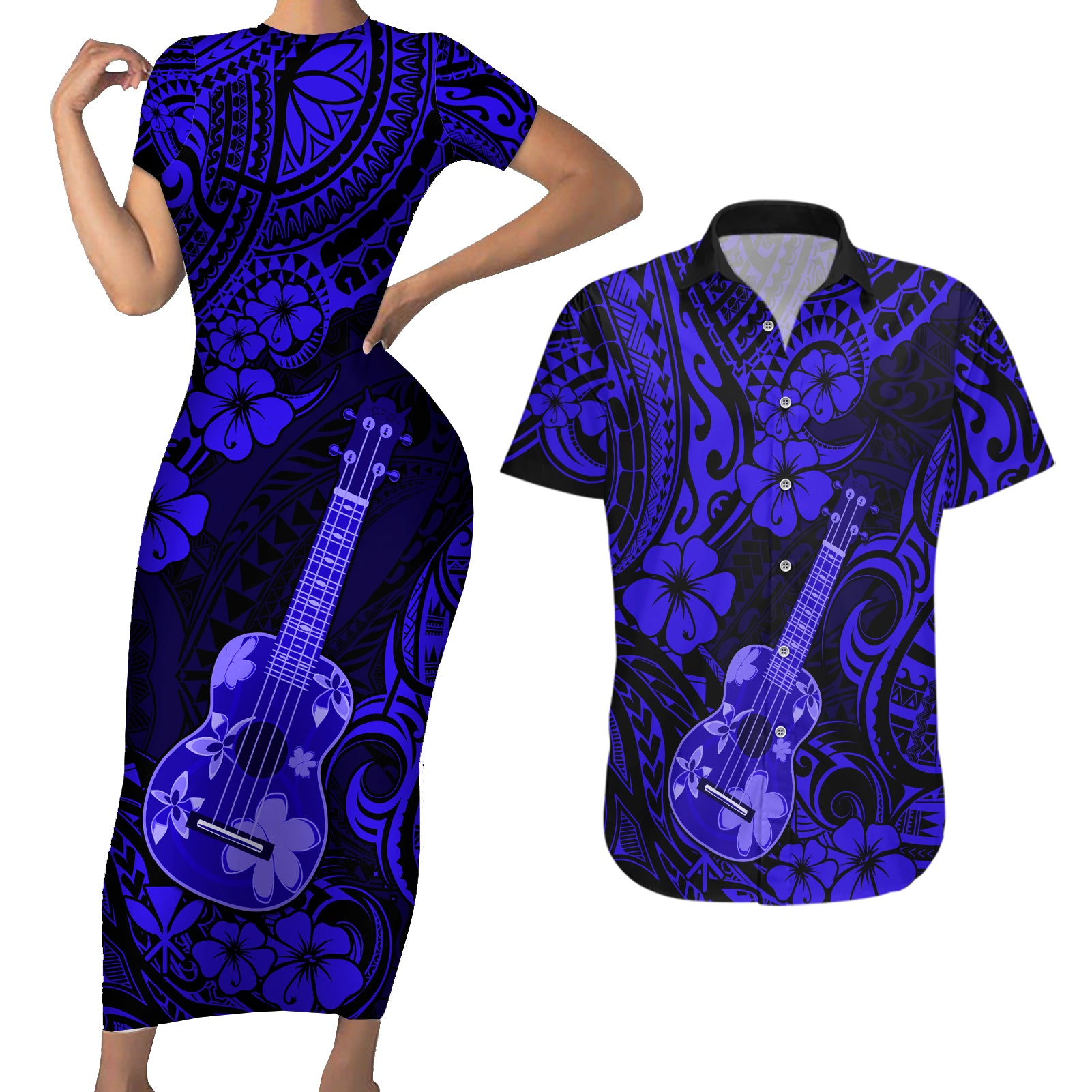 Hawaii Ukulele Couples Matching Short Sleeve Bodycon Dress and Hawaiian Shirt Polynesian Pattern Navy Blue Version - Wonder Print Shop