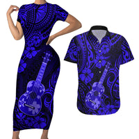 Hawaii Ukulele Couples Matching Short Sleeve Bodycon Dress and Hawaiian Shirt Polynesian Pattern Navy Blue Version - Wonder Print Shop
