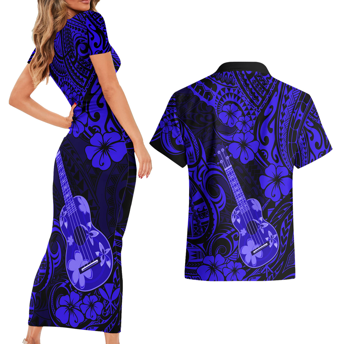 Hawaii Ukulele Couples Matching Short Sleeve Bodycon Dress and Hawaiian Shirt Polynesian Pattern Navy Blue Version - Wonder Print Shop