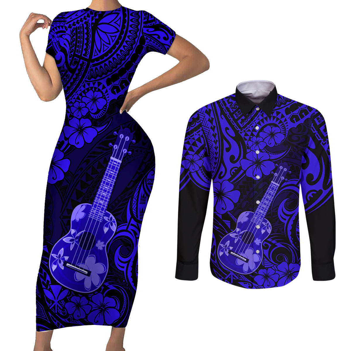 Hawaii Ukulele Couples Matching Short Sleeve Bodycon Dress and Long Sleeve Button Shirts Polynesian Pattern Navy Blue Version - Wonder Print Shop