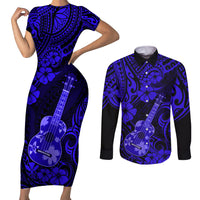 Hawaii Ukulele Couples Matching Short Sleeve Bodycon Dress and Long Sleeve Button Shirts Polynesian Pattern Navy Blue Version - Wonder Print Shop